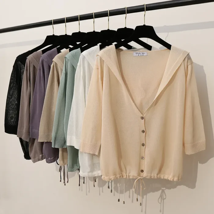 Hooded Thin Sweater Cardigan Women Silk Linen Spring Summer Lace Up V-neck Short