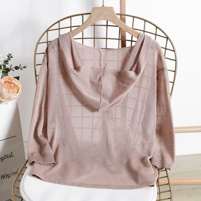 Hooded Thin Sweater Cardigan Women Silk Linen Spring Summer Lace Up V-neck Short - Image 3