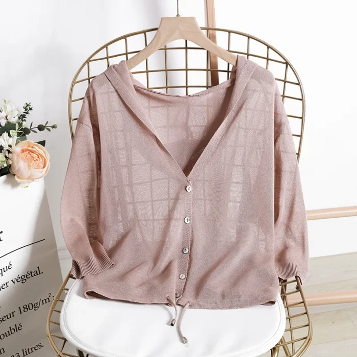 Hooded Thin Sweater Cardigan Women Silk Linen Spring Summer Lace Up V-neck Short - Image 2