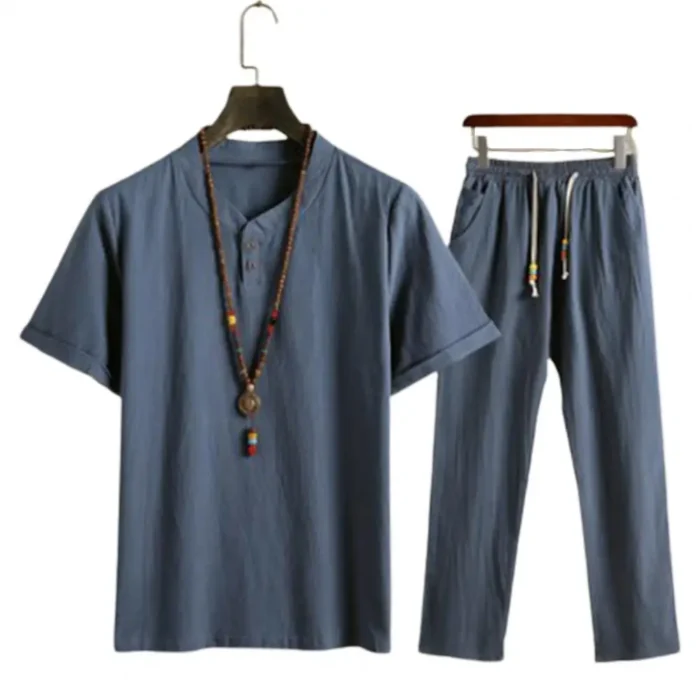 Summer Fashion Men Shirts Trousers Set Cotton And Linen Shirts Short Sleeve Men's Casual Top - Image 5