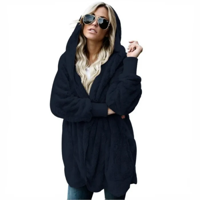 Autumn Winter Double Fleece Cardigan Jacket Women Solid Color Long Sleeve - Image 4