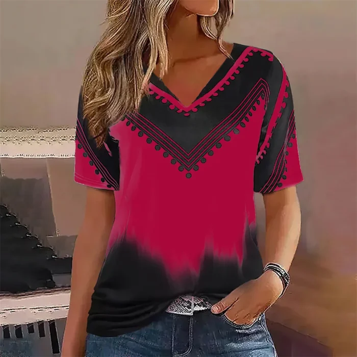 Fashion Women T Shirt Stripes Print Gradient V Neck - Image 3