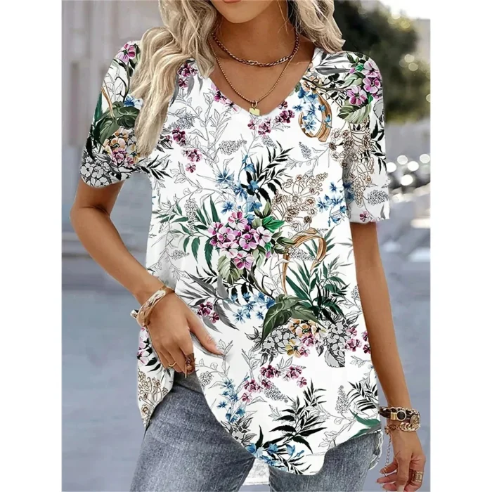 New Women's T-Shirt Summer V-Neck Tee Loose Casual - Image 5