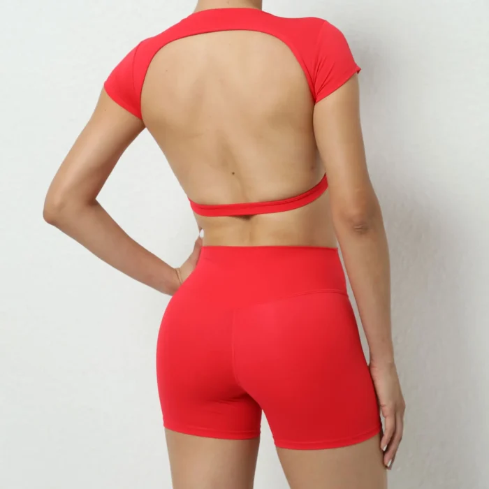 2 Pieces Sports Suit Gym Outfit Set Women Sexy Beauty Back Short Sleeve Crop - Image 4