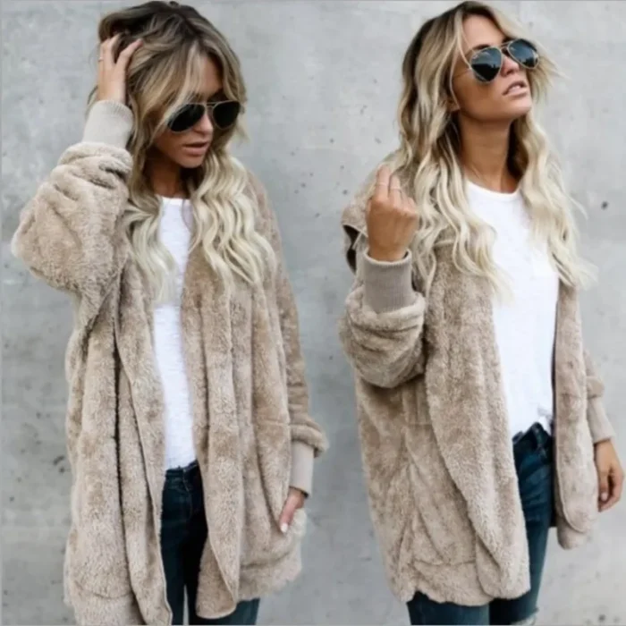 Autumn Winter Double Fleece Cardigan Jacket Women Solid Color Long Sleeve