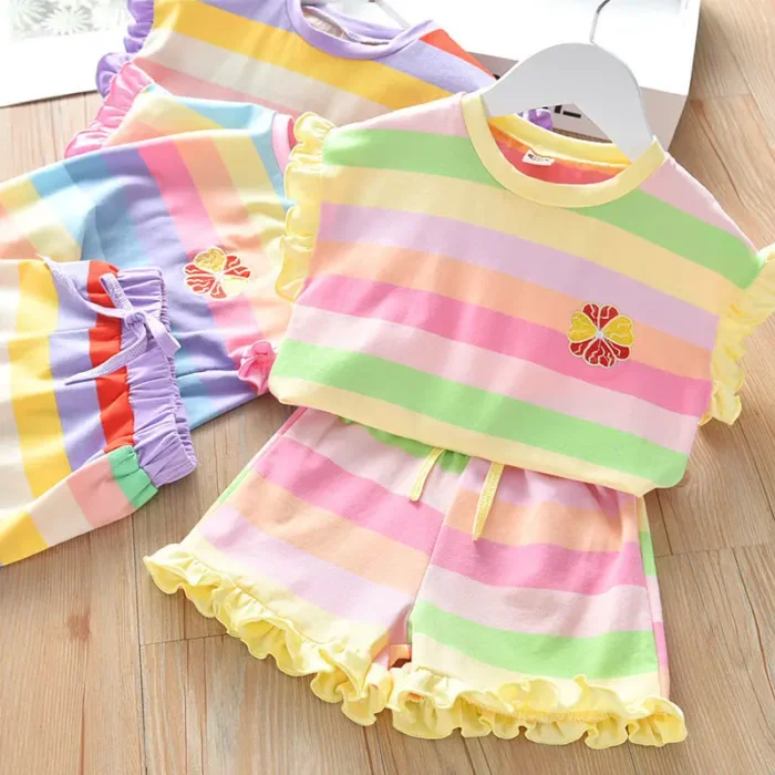 Children's Clothing Sets Floral Embroidery Short Sleeve Lace Top Striped Printed Shorts - Image 4