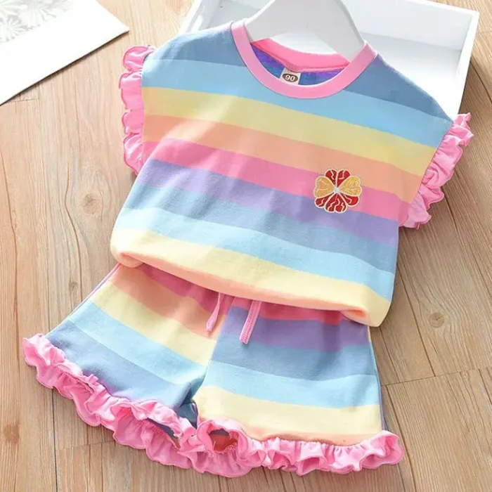 Children's Clothing Sets Floral Embroidery Short Sleeve Lace Top Striped Printed Shorts - Image 2