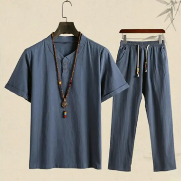 Summer Fashion Men Shirts Trousers Set Cotton And Linen Shirts Short Sleeve Men's Casual Top - Image 2