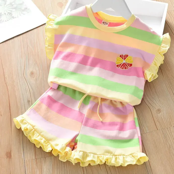 Children's Clothing Sets Floral Embroidery Short Sleeve Lace Top Striped Printed Shorts - Image 5