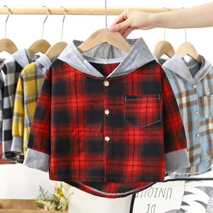 Children's Hooded Shirts Kids Clothes Baby Boys Plaid Shirts Coat for Spring Autumn Girls