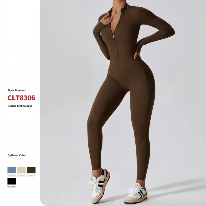 Yoga Jumpsuit Women Seamless Sports Zipper Jumpsuit Set Gym Long Sleeve Fitness Suit - Image 5