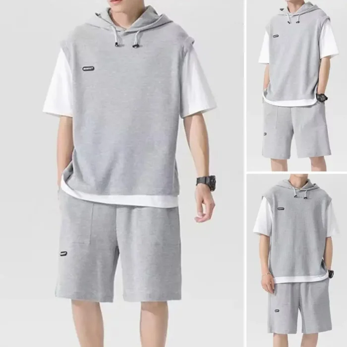 Fake Two Pieces Outfit Men's Casual Sport Outfit Set with Hooded