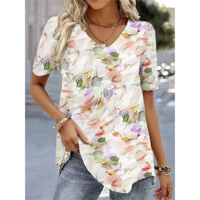 New Women's T-Shirt Summer V-Neck Tee Loose Casual - Image 2