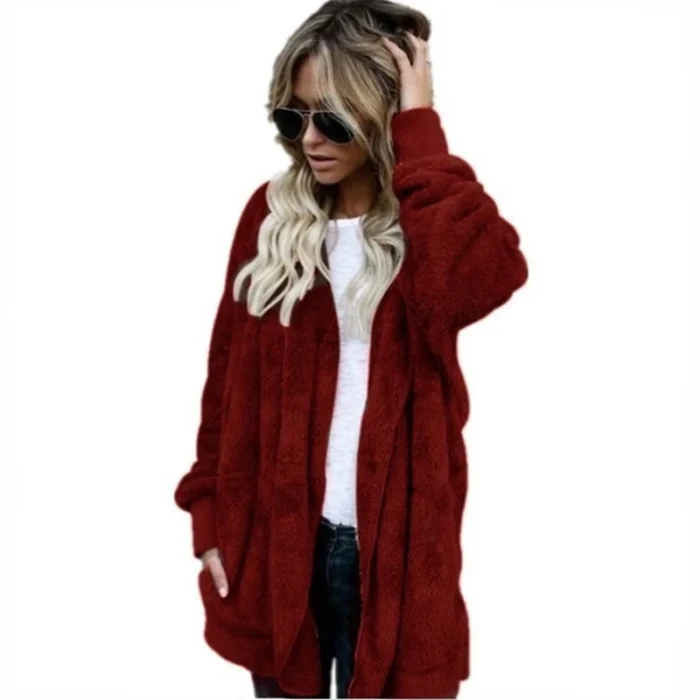 Autumn Winter Double Fleece Cardigan Jacket Women Solid Color Long Sleeve - Image 3