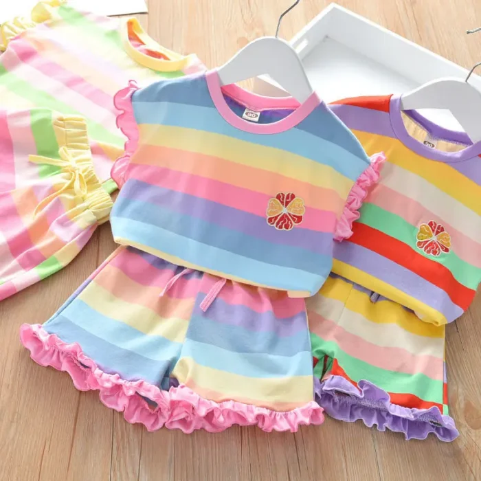 Children's Clothing Sets Floral Embroidery Short Sleeve Lace Top Striped Printed Shorts