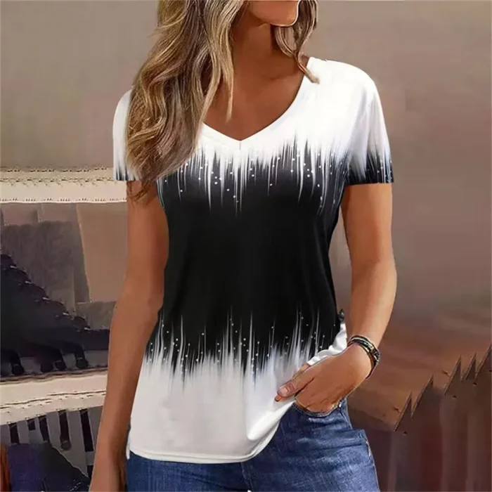 Fashion Women T Shirt Stripes Print Gradient V Neck - Image 4