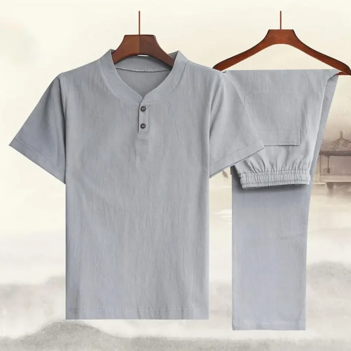 Summer Fashion Men Shirts Trousers Set Cotton And Linen Shirts Short Sleeve Men's Casual Top - Image 4