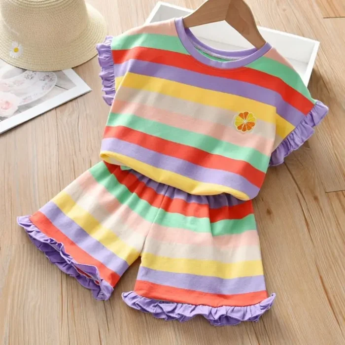 Children's Clothing Sets Floral Embroidery Short Sleeve Lace Top Striped Printed Shorts - Image 3