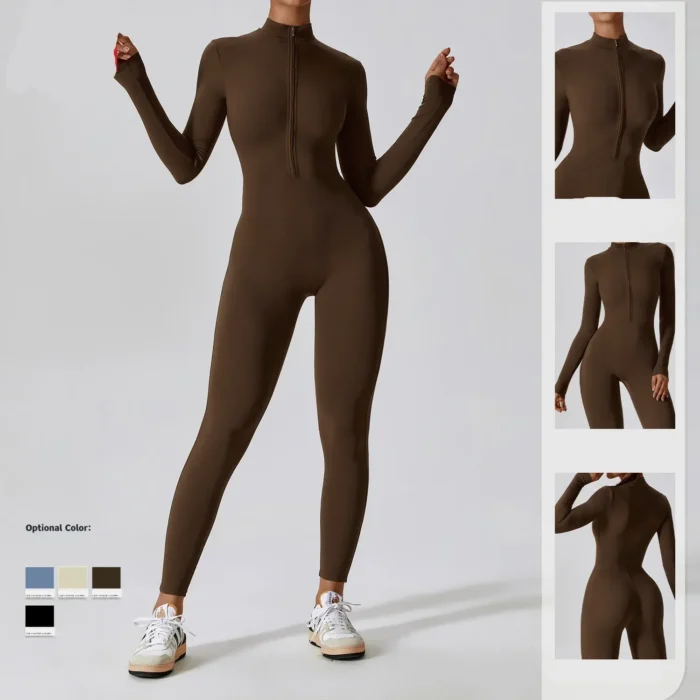 Yoga Jumpsuit Women Seamless Sports Zipper Jumpsuit Set Gym Long Sleeve Fitness Suit - Image 4