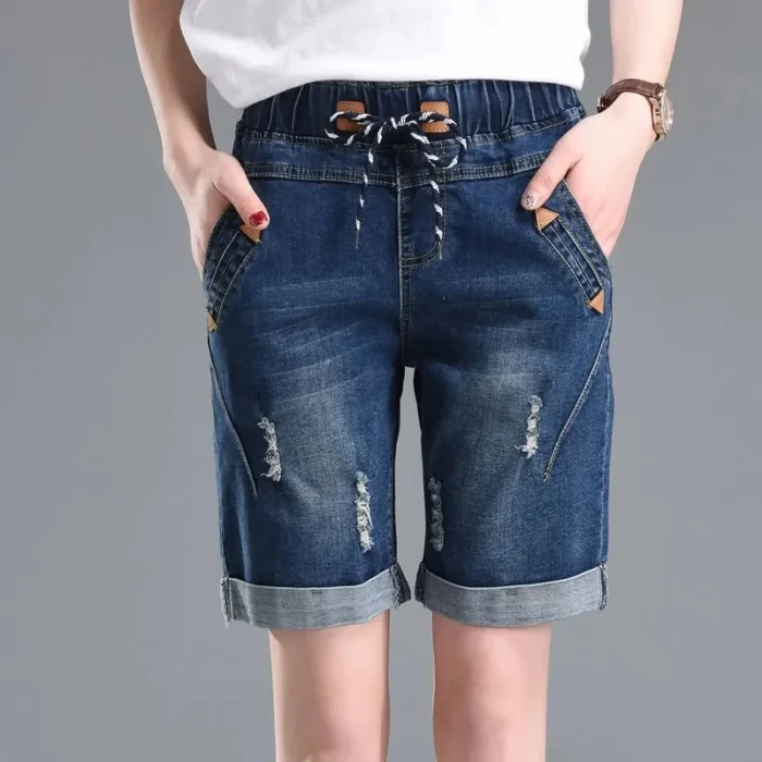 Summer Cuffs Ripped Jeans Woman Elastic Waist Lace - Image 2