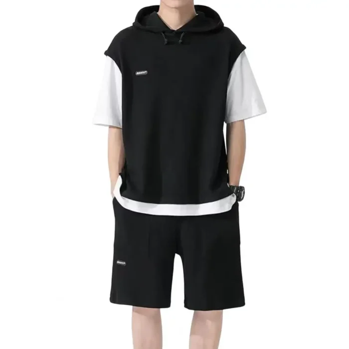 Fake Two Pieces Outfit Men's Casual Sport Outfit Set with Hooded - Image 3