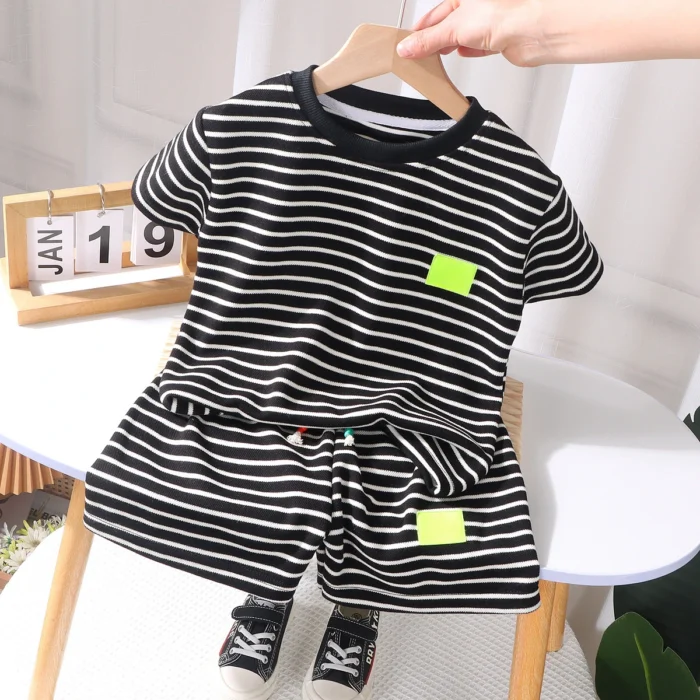 Summer Baby Boy Girls Clothes Set Children Stripe Tshirts and Shorts - Image 2